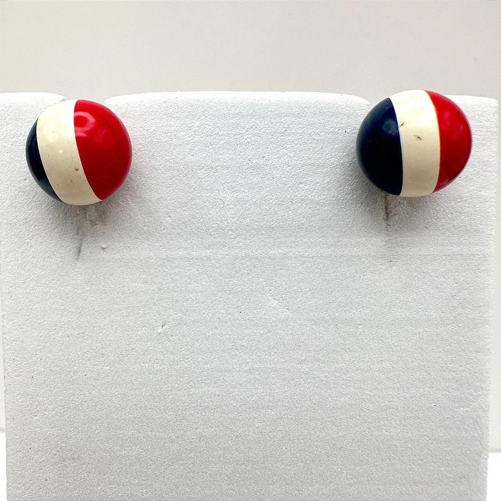 Vintage 90s Red White Blue Striped Round Mod Button Stud Earrings Jewelry Retro